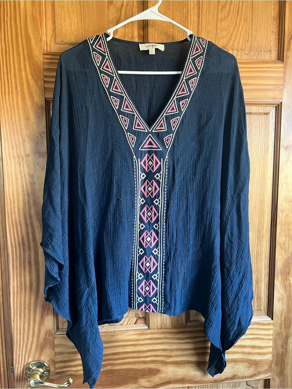 Umgee Navy Tunic Top with Pink & Cream Embroidery